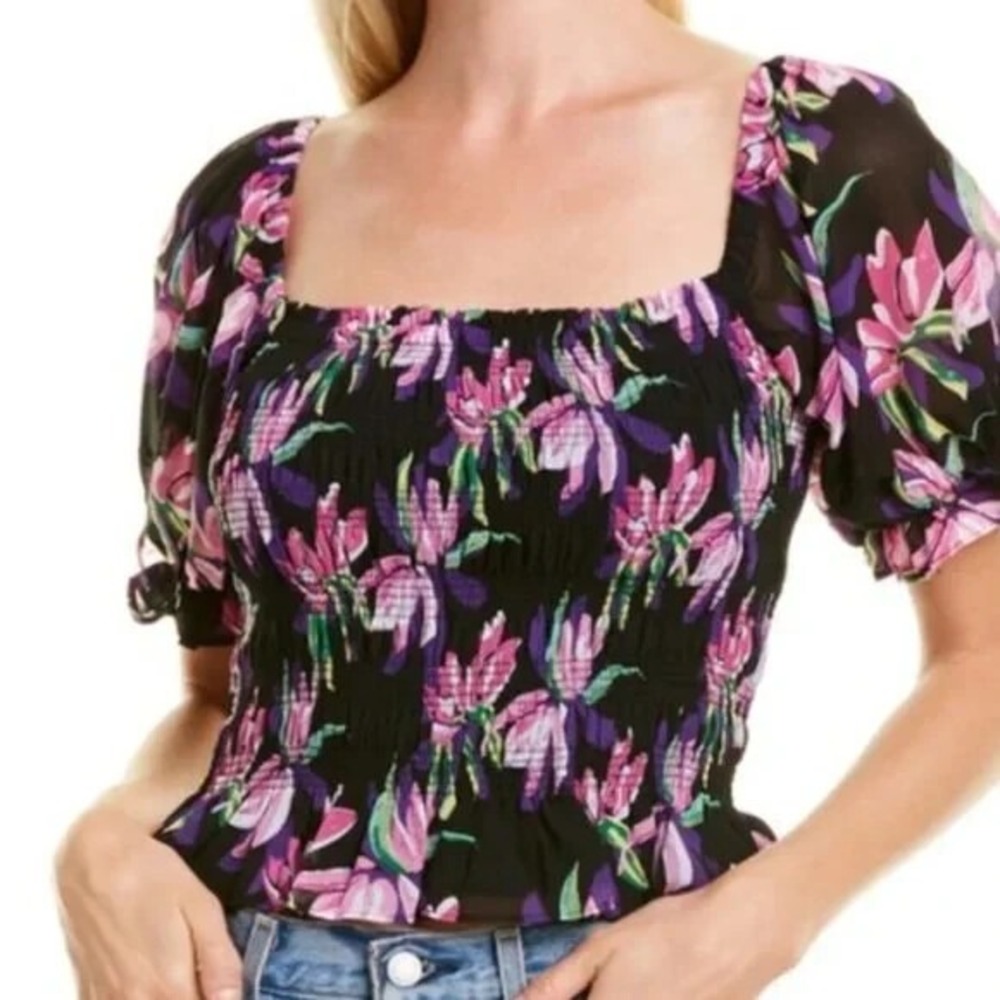 Wayf Womens XXL Smocked Amos Top Blouse Black Birds Cropped Lined Puff Sleeve